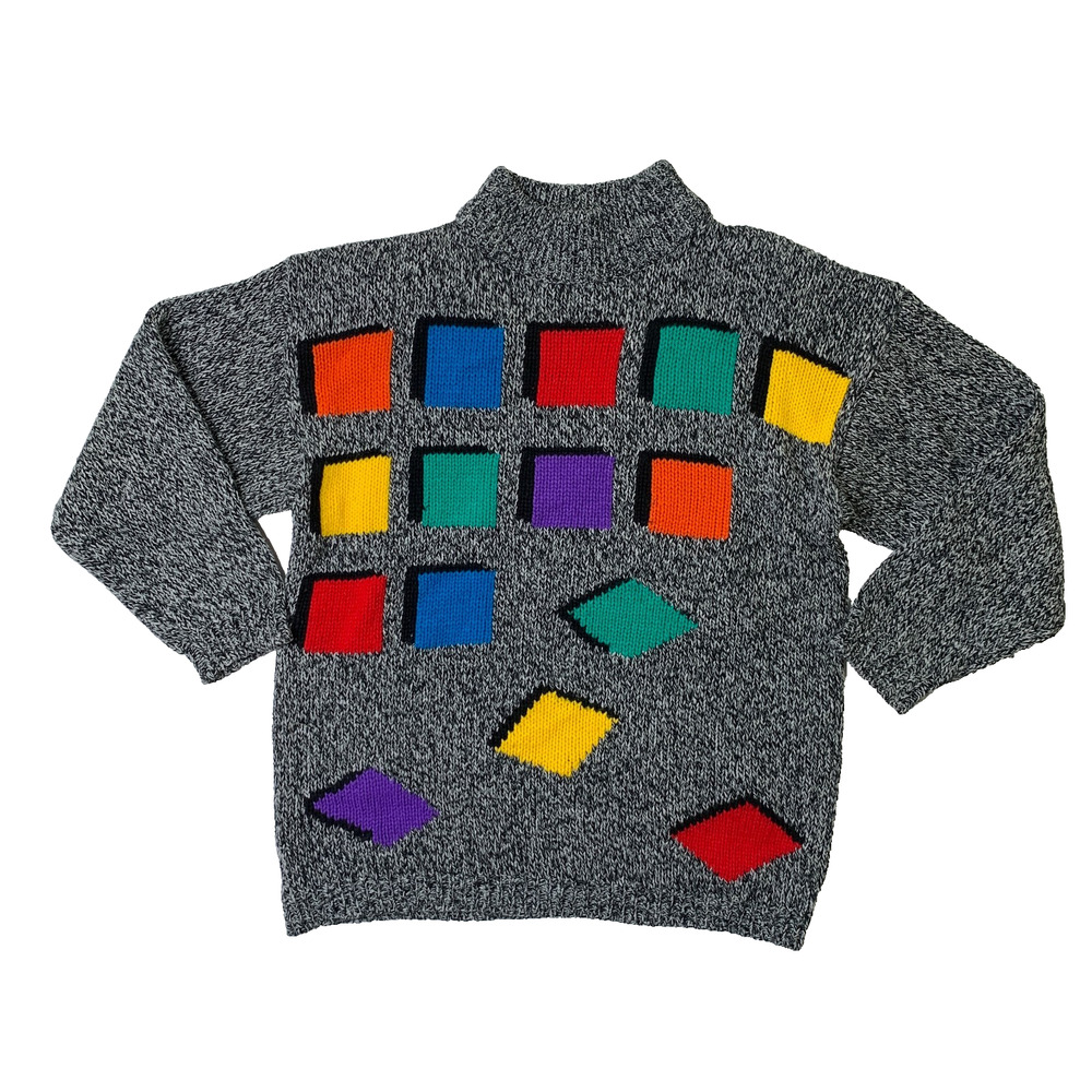 Vintage Gitano Sweater Men L Black White Marled Knit Acrylic Geometric Mock Neck